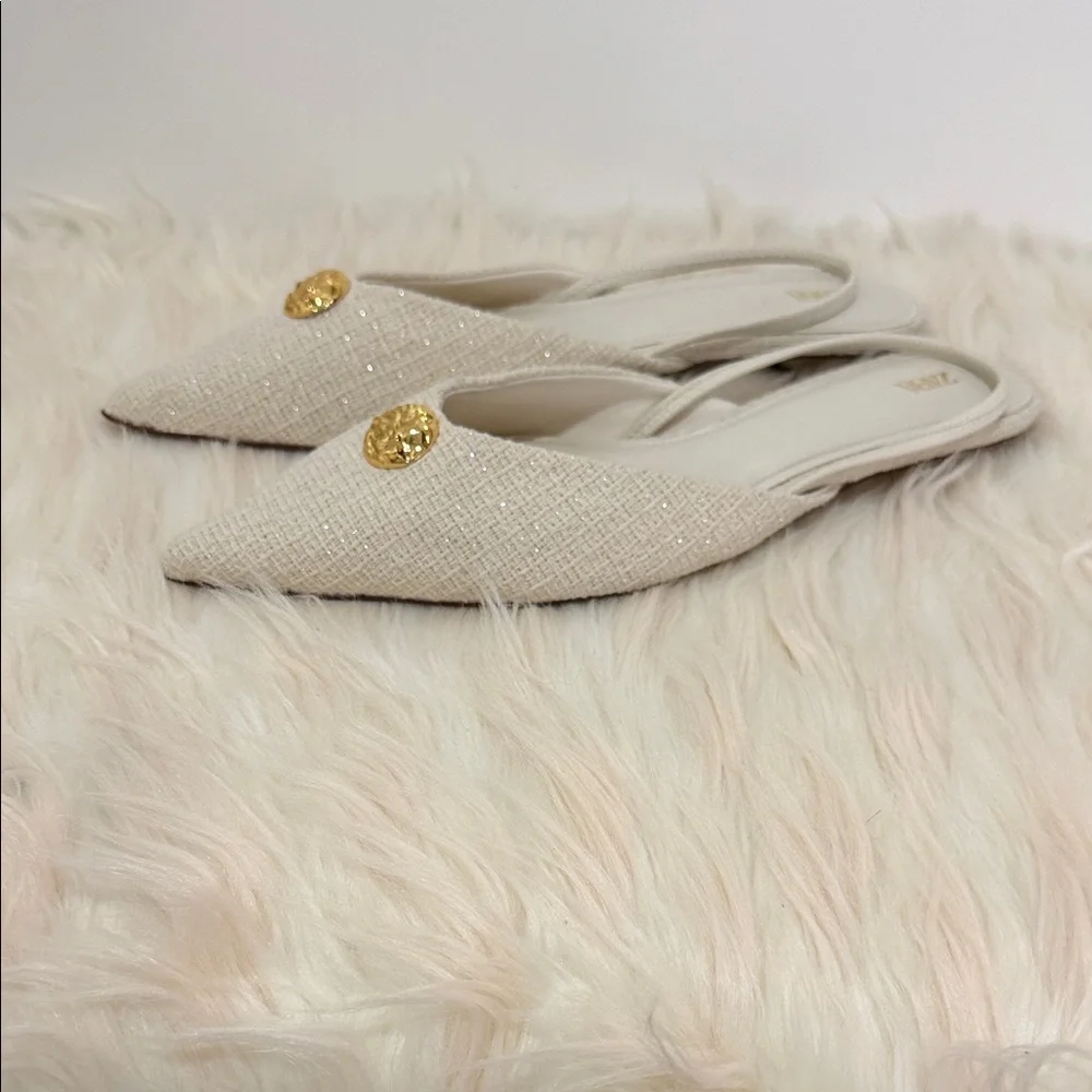 Zara Cream Mules with Gold Detail - Picture 3 of 7